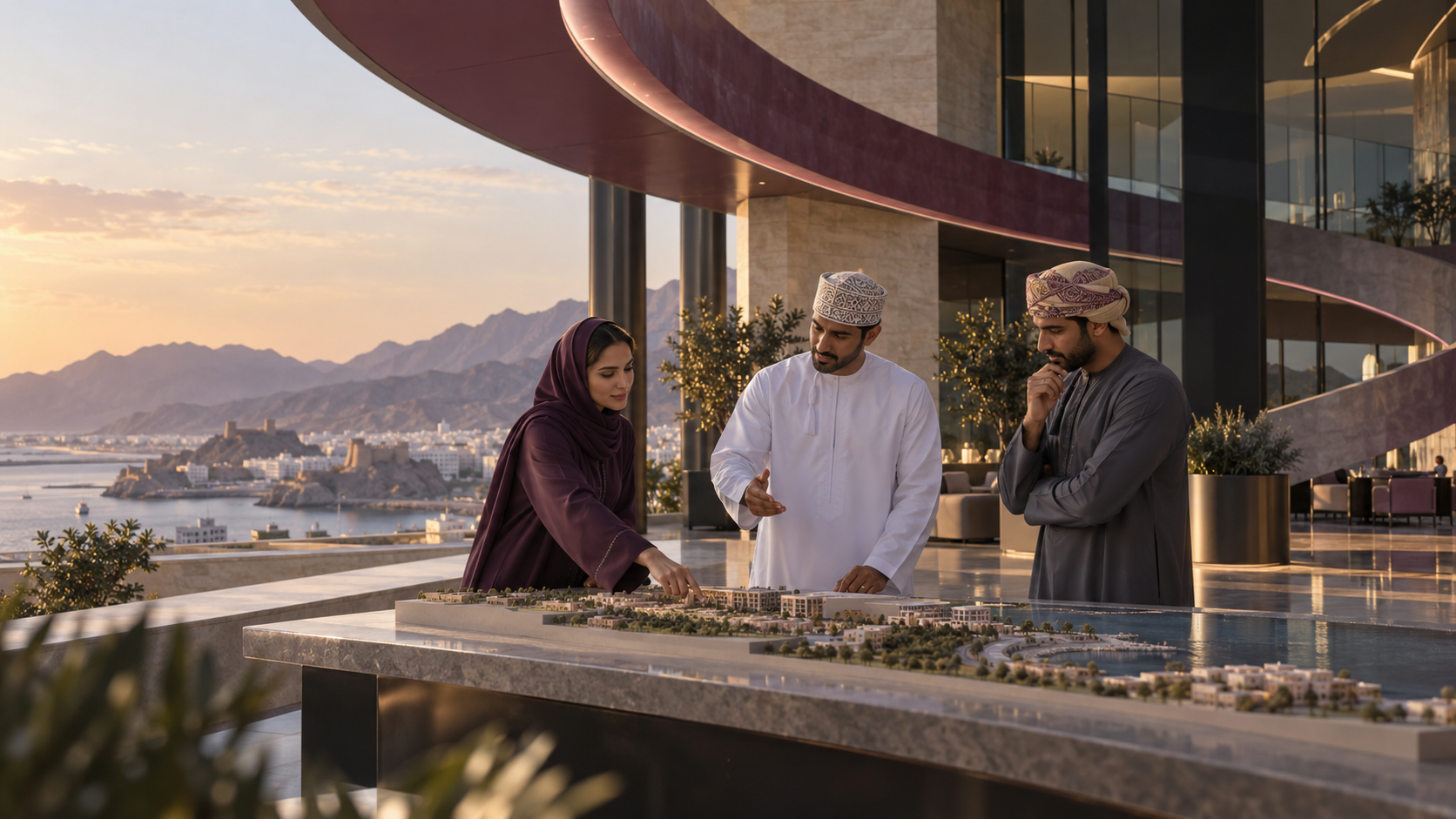Illustrative scene of business collaboration in Muscat